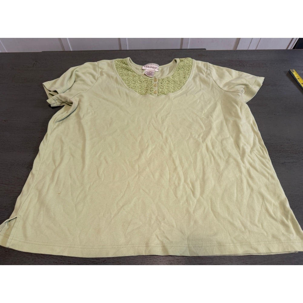 Veranesi Womens 1X Sage Green Crochet Lace Henley Short Sleeve Knit Top